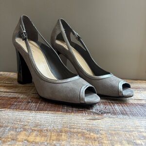 Cole Haan Gray Block Metallic Heel Peep-Toe Pumps